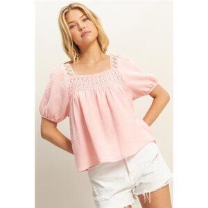 ✨NWT HYFVE Crochet Detail Puff Sleeve Peasant‎ Top